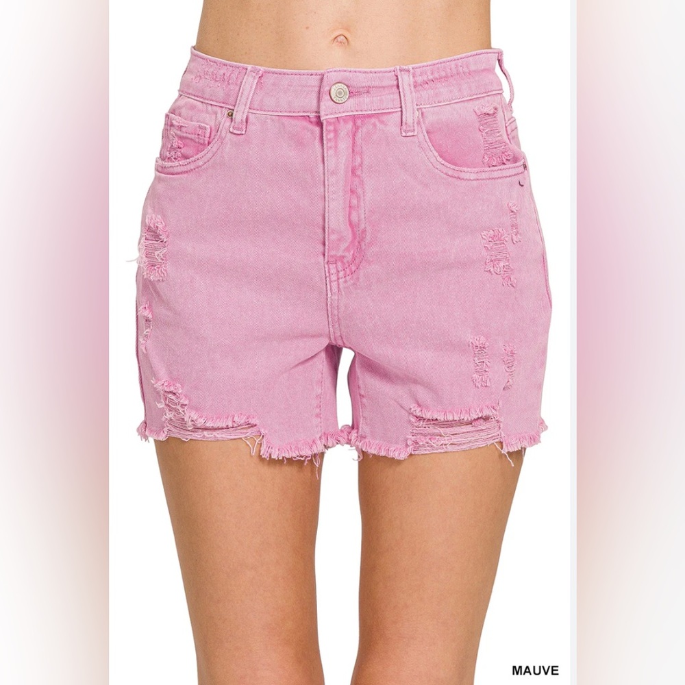 Zenana Outfitters Mauve Pink Distressed Denim Shorts